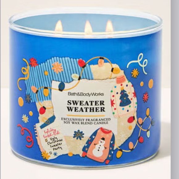 BATH AND BODY WORKS Sweater Weather 3-Wick Candle - Festive Blue - Picture 5 of 15